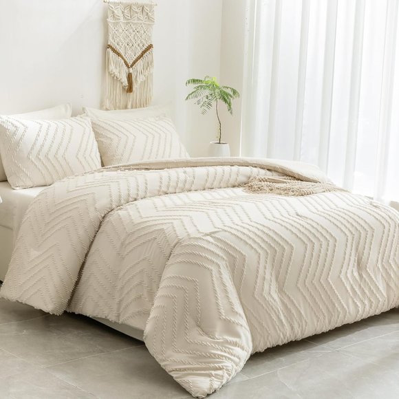 Tufted Chevron Cream Natural White Ivory Queen Size Bed Zigzag Comforter 3pc Set - Picture 2 of 12